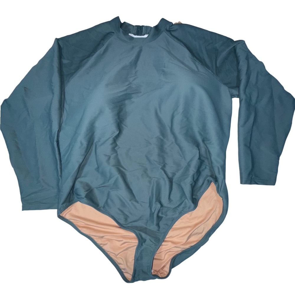 J. Crew Re-Imagined Ribbed Long Sleeve Rash Guard Swimsuit Womens 24 Teal NWT